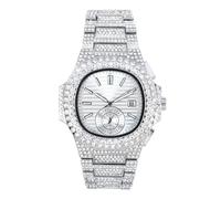 Techno Pave Men’s 43mm Fully Iced-Out Oblong Watch - Diamond Bezel, Luxury Hip-Hop Timepiece, Quartz Movement, Gift for Him, Silver, mens-standard
