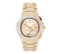 Techno Pave Men’s 43mm Fully Iced-Out Oblong Watch - Diamond Bezel, Luxury Hip-Hop Timepiece, Quartz Movement, Gift for Him, Gold, mens-standard
