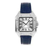 Techno Pave Men's 32mm Iced Out Leather Band Watch - Square Shape, Sleek Roman Dial, Luxury Hip-Hop Style, Silver Blue, mens-standard
