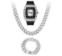 Techno Pave Mens Luxury Iced Watch with Simulated Crystals,Tonneau Shape Bezel and Adjustable Silicone Band Strap,Bling-ed Out Diamond Watch,Quartz Movement,14k Gold, Silver,3PC SET, mens-standard
