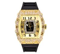Techno Pave Mens Luxury Iced Watch with Simulated Crystals,Tonneau Shape Bezel and Adjustable Silicone Band Strap,Bling-ed Out Diamond Watch,Quartz Movement,14k Gold, mens-standard, Quartz Movement