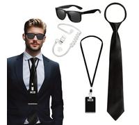 technodry 4PCS Agent Costume Accessories Set - Secret Security Guard Outfit Kit with Glasses, Necktie, Earpiece & ID Badge - Halloween Christmas Cosplay Party Role Play Props for Teens & Adults