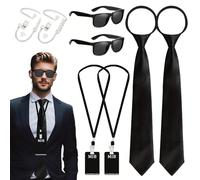 technodry 8PCS Agent Costume Accessories Set - Secret Security Guard Outfit Kit with Glasses, Necktie, Earpiece & ID Badge - Halloween Christmas Cosplay Party Role Play Props for Teens & Adults