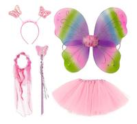 technodry Fairy Costume for Girls - 5 Pcs Pink Fairy Wings Dress Up Set with Butterfly Wings, Tutu Skirt, Magic Wand & Headband - Fancy Princess Outfit for Kids Birthday, Parties & Role Play