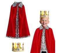 technodry King Costume Set for Kids - Prince Cloak and Crown for Boys Fancy Dress, Royal Red Cape with Golden Crown, Child’s Prince King Queen Costume for Role Play, Nativity, Halloween