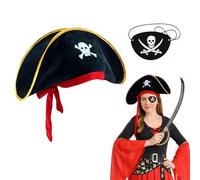 technodry Pirate Hat and Eye Patch Set - Captain Costume Cap with Fancy Dress Pirate Accessories for Halloween, Masquerade, Role Play, Cosplay - Black Buccaneer Hat for Kids & Adults Party Outfit