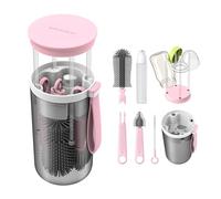TechoEcho Travel Baby Bottle Brush Set with Extendable Liquid Silicone Bottle Brush，Nipple Brush，Built-in Bottle Drying Rack，Straw Cleaner Brush，Baby Bottle Soap Dispenser，Bottle Warmer (Pink)
