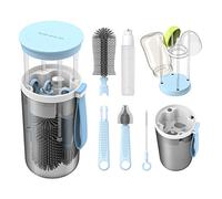 TechoEcho Travel Baby Bottle Brush Set with Extendable Liquid Silicone Bottle Brush，Nipple Brush，Built-in Bottle Drying Rack，Straw Cleaner Brush，Baby Bottle Soap Dispenser，Bottle Warmer (Blue)