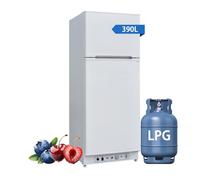 Techomey 2 Way Gas Fridge with Freezer, Large Propane Campervan Model for Caravan, High-Capacity 390L Gas Appliance for Kitchen, Outdoor, Motorhome & Traveling, White