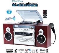 TechPlay Karaoke Enabled, 30W RMS, Retro Classic Turntable, NFC Bluetooth, Double Cassette Player/Recorder, CD MP3 Player, USB SD Ports, AM/FM Digital Alarm Clock and Full Remote Control (Wood)