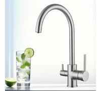 Techzm 3 in 1 Kitchen Tap for Under Sink RO Filter - 3 Way Mixer Tap with Standard G1/2 Hose and 1/4 Push Fit Filter Pipe Adapter, Modern Brushed Nickel Kitchen Sink Tap with 360° Swivel Spout