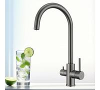 Techzm Three Way Water Filter Tap 3 in 1 Kitchen Mixer with Drinking Filtered Water Outlet Brass Dual Lever Kitchen Sink Tap Swivel Spout Faucet Gunmetal Grey