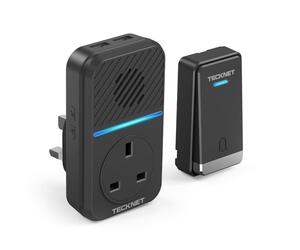 TECKNET 2-in-1 Plug-Through Wireless Doorbell with USB & AC Sockets, Self-Powered Doorbell, Doorbell & Charger in One, Save Your Wall Socket, IP65 Waterproof, 60 Chimes, LED Light Flash, Black