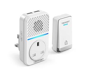 TECKNET 2-in-1 Plug-Through Wireless Doorbell with USB & AC Sockets, Self-Powered Doorbell, Doorbell & Charger in One, Save Your Wall Socket, 1300ft Range, IP65 Waterproof, 60 Chimes, LED Light Flash