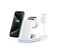 TECKNET 3-in-1 Wireless Charging Station, 15W Fast Charging Stand for iPhone 16/15/14/13/12/11, Apple Watch & AirPods with 18W UK Adapter-Bright White