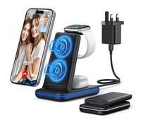 TECKNET 3-in-1 Wireless Charging Station, 15W Fast Charging Stand for iPhone 16/15/14/13/12/11, Apple Watch & AirPods with 18W UK Adapter - Black