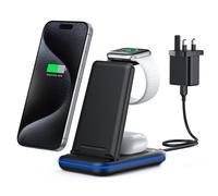 TECKNET 3 in 1 Wireless Charging Station,Fast Wireless Charger Stand for iPhone 17/16/15/14/13/12 or Samsung, Apple Watch & AirPods with 18W UK Adapter-Black