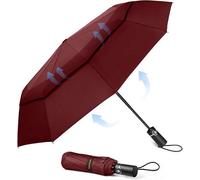 Tecknet Auto Umbrella: Strong Compact Travel, 10-Rib Wind Resistant. Lightweight Folding For Golf. Red.
