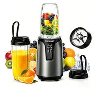 TECKNET Personal Blender Smoothie Maker, 1000W Powerful 25,000PRM, Blends Fruit & Vegetables, 2x600ml Portable Travel Cups with Spout Lids & Handled Ring, Makes Smoothies & Juice, Grey
