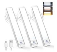 TECKNET Under Cabinet Kitchen Lights, 70 LED Super Bright, 3 Color Stepless Dimming Motion Sensor Lights Indoor, Rechargeable USB-C 1800mAh Cupboard Light, Stick on Lights for Cupboard&Kitchen-3 Pack