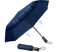 Tecknet Windproof Auto Umbrella: 10-Rib Compact Travel, Wind Resistant. Lightweight For Golf. Blue.