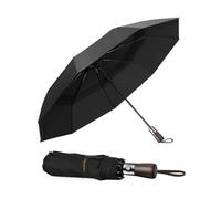Tecknet Windproof Auto Umbrella: Real Wood Handle, Vented Double Canopy, Fiberglass Frame. Compact Folding Travel.