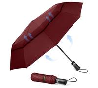 TECKNET Windproof Automatic Umbrella - Strong Compact Travel, Large Wind Resistant With 10 Ribs, Folding Lightweight Golf for Rain - Men, Red