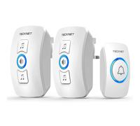 TECKNET Wireless Doorbell - IP65 Waterproof Twin Door bell, Plug in wireless doorbell with 2 receivers at 1300ft/400M Wireless Range, 60 Chimes, 5 Level Volumes & Blue Light, Plug in Door Bell, White