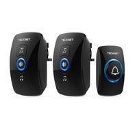 TECKNET Wireless Doorbell - IP65 Waterproof Twin Door Bell, Plug in Wireless doorbell with 2 receivers at 1300ft/400M Wireless Range, 60 Chimes, 5 Level Volumes & Blue Light, Plug in Door Bell, Black