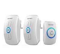 TECKNET Wireless Doorbell - IP65 Waterproof Twin Door Bell, Plug in Wireless doorbell with 2 receivers at 1300ft/400M Wireless Range, 60 Chimes, 5 Level Volumes & Blue Light, White