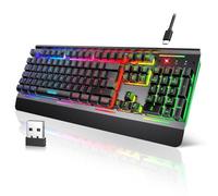 TECKNET Wireless Gaming Keyboard, 2.4G Wireless & Wired Connection Gaming Keyboard, Computer Keyboard with 15-Zone RGB Illumination, 4000mAh Rechargeable Battery, Metal Panel, PC Wrist Rest Keyboard