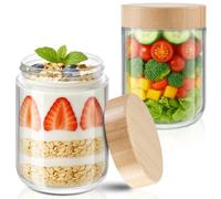 Tecohouse Overnight Oats containers with Bamboo Lids, 2 Pack Chia Pudding Jars with lids, Mason Glass Jars with Airtight Lids For Salad, Meal Prep Food Storage, Snacks, Spice, Suger, Yogurt (2P 16OZ)