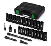TecoTek 1/2" Drive Deep 12-Point Impact Socket Set, 32-Piece Socket Set, SAE 3/8-1Inch and Metric 10-24mm Size, Includes Extension Bars, Universal Joint and Adapter, CR-V Steel