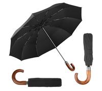 TECPEX Folding Umbrella Real Wood Crook Handle Windproof Strong Automatic Umbrella Quality Frame for Travel Water Resistance Luxury and Classic (Black with Wood Handle)