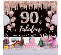 Tecreo 90th Birthday Decorations, Black & Rose Gold Glitter Spots Fabric Sign Poster, 150cm x 90cm, Vinyl Material, Perfect for Birthday Party Decoration