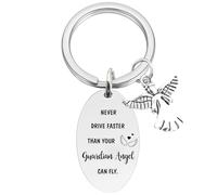 Tecreo Guardian Angel Inspirational Keychain, Never Drive Faster Quote, Silver Metal with Angel Charm, Key Chain Gift for Boys, New Drive