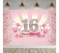 Tecreo Pink 16th Birthday Decoration Party Decor for Girl Fabric Sign Poster Sweet 16th Anniversary Background Banner 150cm x 90cm Vinyl Backdrop Cloth