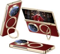 TECSHINE Leather Case for Honor Magic V5, Cellphone Hinged Cover for Honor V 5, Rotating Magnetic Kickstand, Mobile Phone Shell, Holster -Red