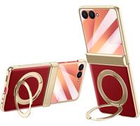 TECSHINE Leather Case for Samsung Galaxy Z Flip7, Cellphone Hinged Cover for Samsung Flip 7, Rotating Magnetic Kickstand, Mobile Phone Shell, Holster -Red