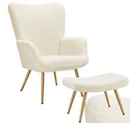 Tectake 1 Armchair Hygge - Padded, Armrests And Ergonomic Backrest, 150 Kg Load Capacity With Stool - Bouclé Cream/gold