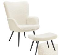 Tectake 1 Armchair Hygge - Padded, Armrests And Ergonomic Backrest, 150 Kg Load Capacity With Stool - Bouclé Cream/black