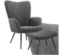 Tectake 1 Armchair Hygge - Padded, Armrests And Ergonomic Backrest, 150 Kg Load Capacity With Stool - Wide Cord Anthracite/black