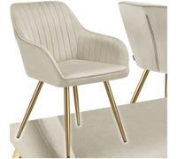 Tectake 1 Dining Chair Marilyn - Quilted Velvet, Continuous Backrest, Gold Steel Legs - Cream/gold