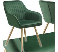 Tectake 1 Dining Chair Marilyn - Quilted Velvet, Continuous Backrest, Gold Steel Legs - Dark Green/gold