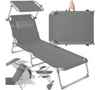 Tectake 1 Sun Lounger - Foldable, Adjustable Sunroof, 4-Step Backrest, Head Cushion - Grey