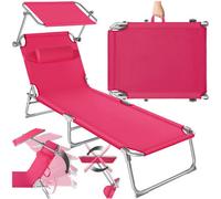 Tectake 1 Sun Lounger - Foldable, Adjustable Sunroof, 4-Step Backrest, Head Cushion - Pink