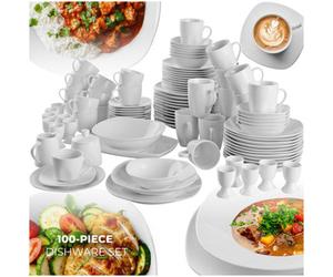 Tectake 100 Pc Dinner Set Salerno - 100-Pieces, Porcelain, For 12 People, Dishwasher Safe - White