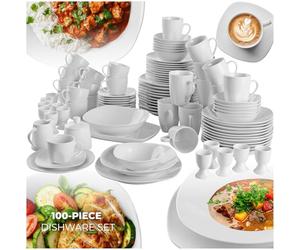 tectake® 100-Piece Dinner Set for 12 People, Tableware Set in Scratch-Resistant Porcelain, Dishwasher- & Microwave-Safe Bowl & Plate Set with Stackable Design, Incl. Plates, Bowls, Mugs & More - White