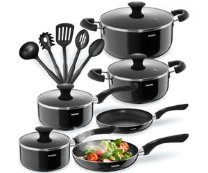 tectake® 15-Piece Aluminium Cooking Pot & Pan Set with Non-Stick Coating & Heat-Resistant Handles, Dishwasher-Safe Cooking Pot Set - 4 Pots, 2 Pans, 4 Glass Lids & 5-Piece Kitchen Utensils Set - Black