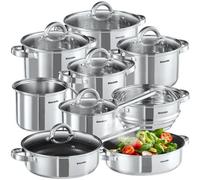 tectake® 15-Piece Pot & Pan Set in Stainless Steel with Non-Stick Coating, Pots & Saucepan Set, Incl. Steamer, Milk Pot & Glass Lids, Dishwasher-Safe Cookware Set for Induction, Gas, Electric Stoves